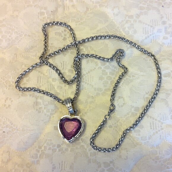 Vintage Purple Cracked Crystal Heart Silver Pendant Silver Tone Long Necklace - Picture 1 of 11